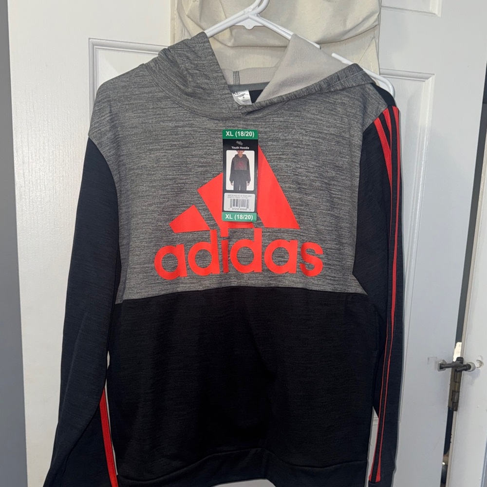 Adidas Men's Gray and Black Hoodie with Red Accents